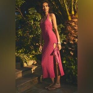 NWOT Free People Free-est Sea Foam Pink Halter Slim Fit Midi  Bow Detail Sz M